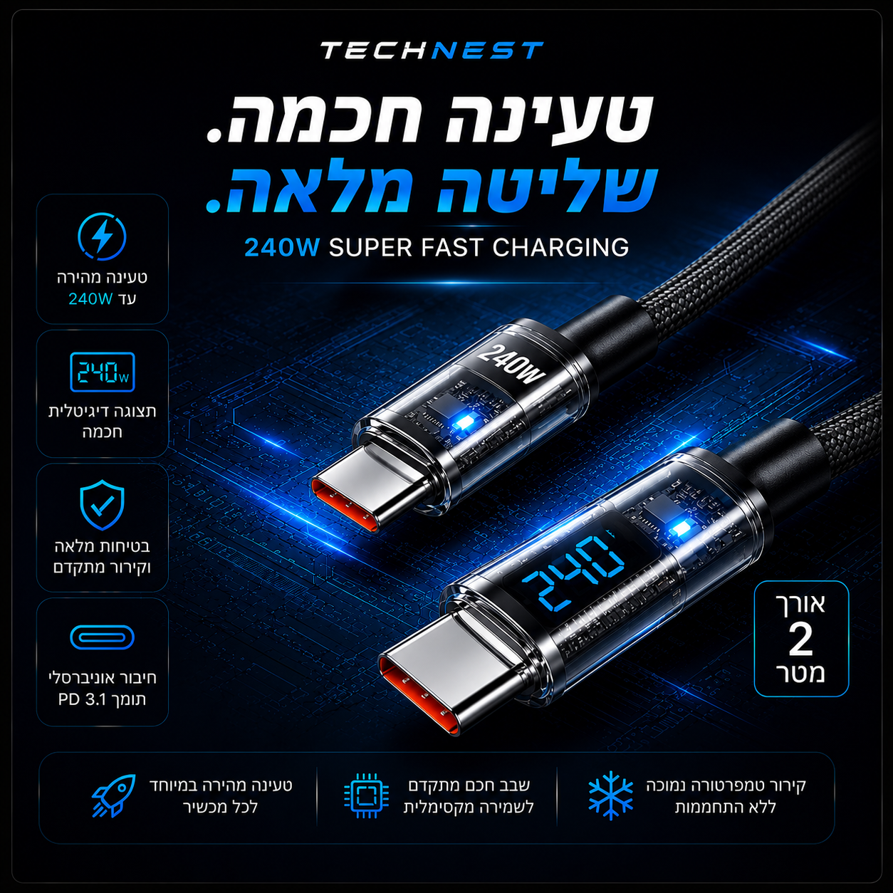 TECHNEST VoltView Pro™ 240W-כבל חכם